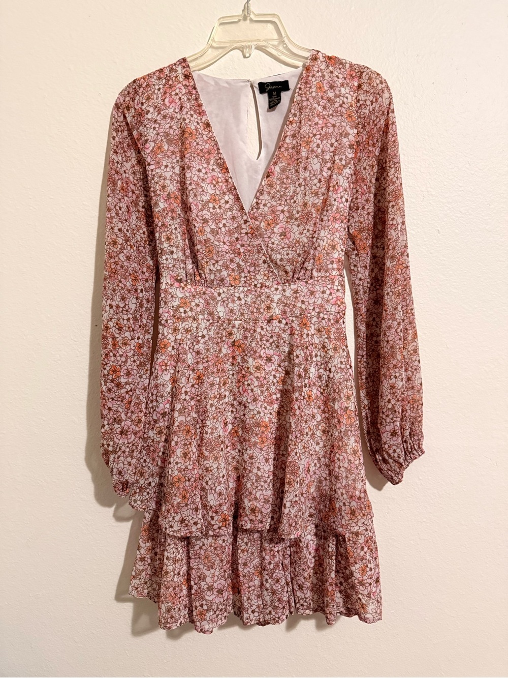 Japna Pink Floral Long-Sleeve V-Neck Tiered Dress